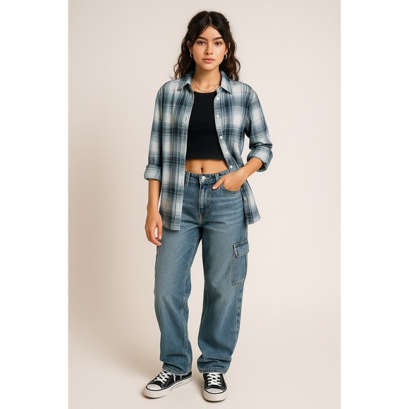 American Eagle Womens Flannel Shirt Sz S Charcoal Blue Plaid Boyfriend Roll‎ Tab - Picture 2 of 15